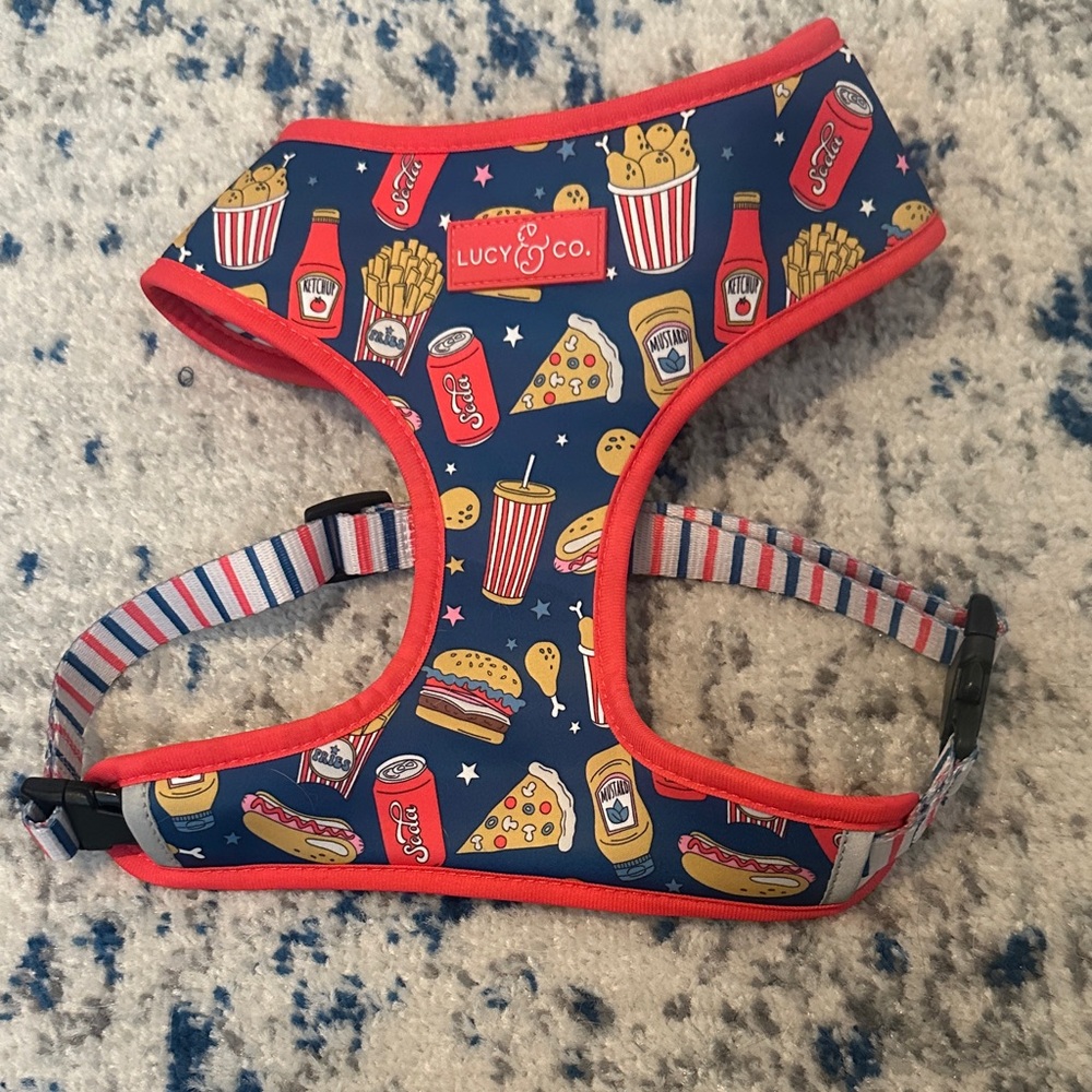 Lucy & Co. Navy Fast Food Print Dog Harness with Red Trim